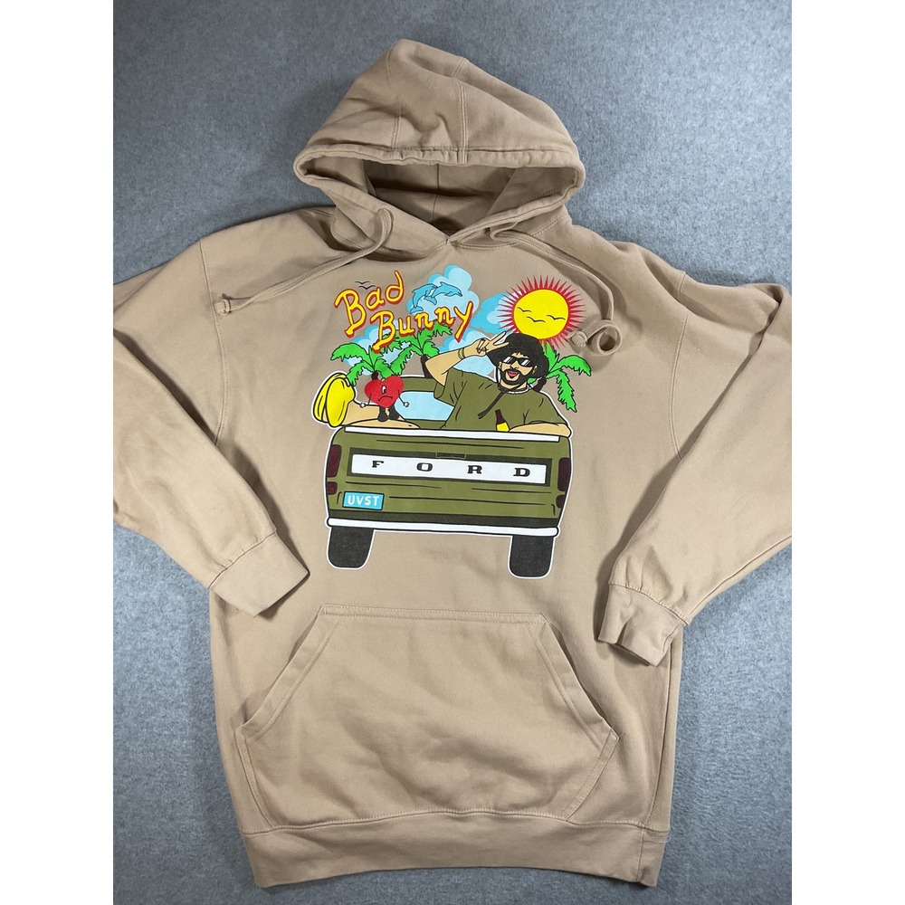 AMS Bad Bunny Un Verano Sin Ti Graphic Hoodie Tan Mens L UVST Concert Merch 1630